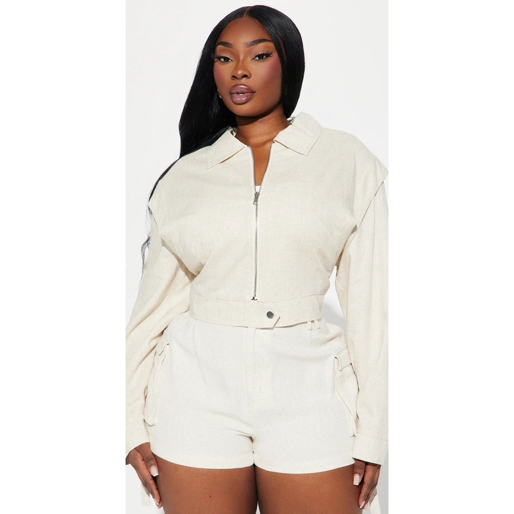 Fashion Nova Keep It Light Hearted Linen Jacket Cream Cropped Zip Up Neutral XL